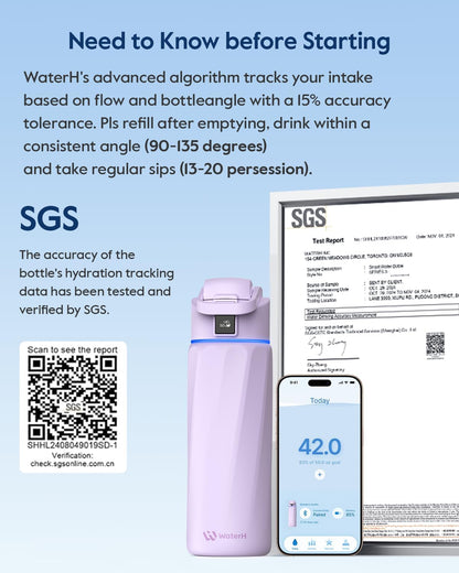 WATERH Boost Smart Water Bottle with Reminder to Drink Water, 24oz BPA-Free Stainless Steel Vacuum Insulated Water Bottle, Wide Mouth Water Tracker Bottle with APP, Ideal for Gift