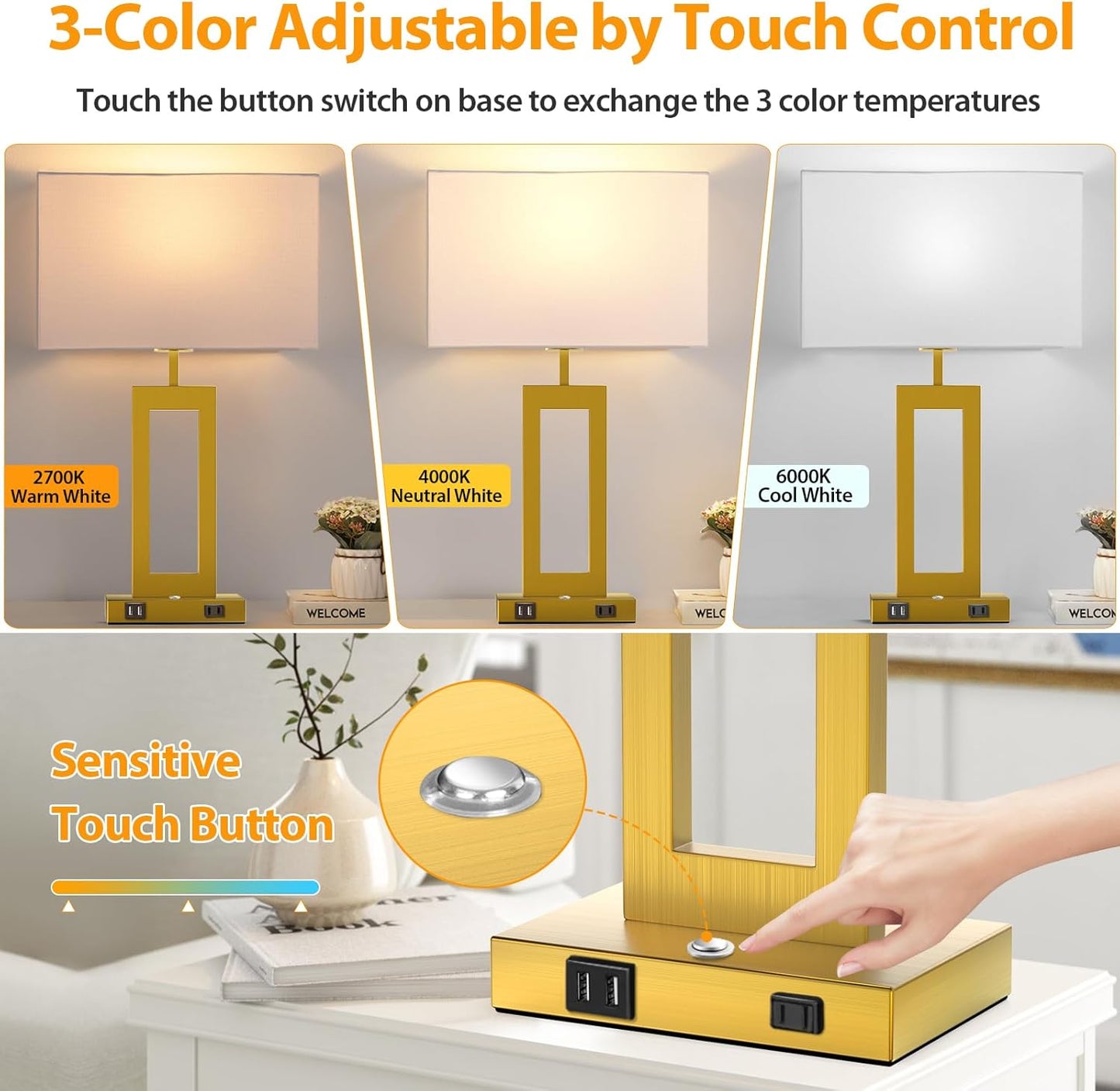 27.2’’ Tall Black Table Lamps for Living Room Bedroom, Bedside Touch Control Lamps with 2 USB Ports&AC Outlet, 3 Way Dimmable&Stepless Dimming Desk Lamp Sets for Home Office, Pre-assembled White Shade