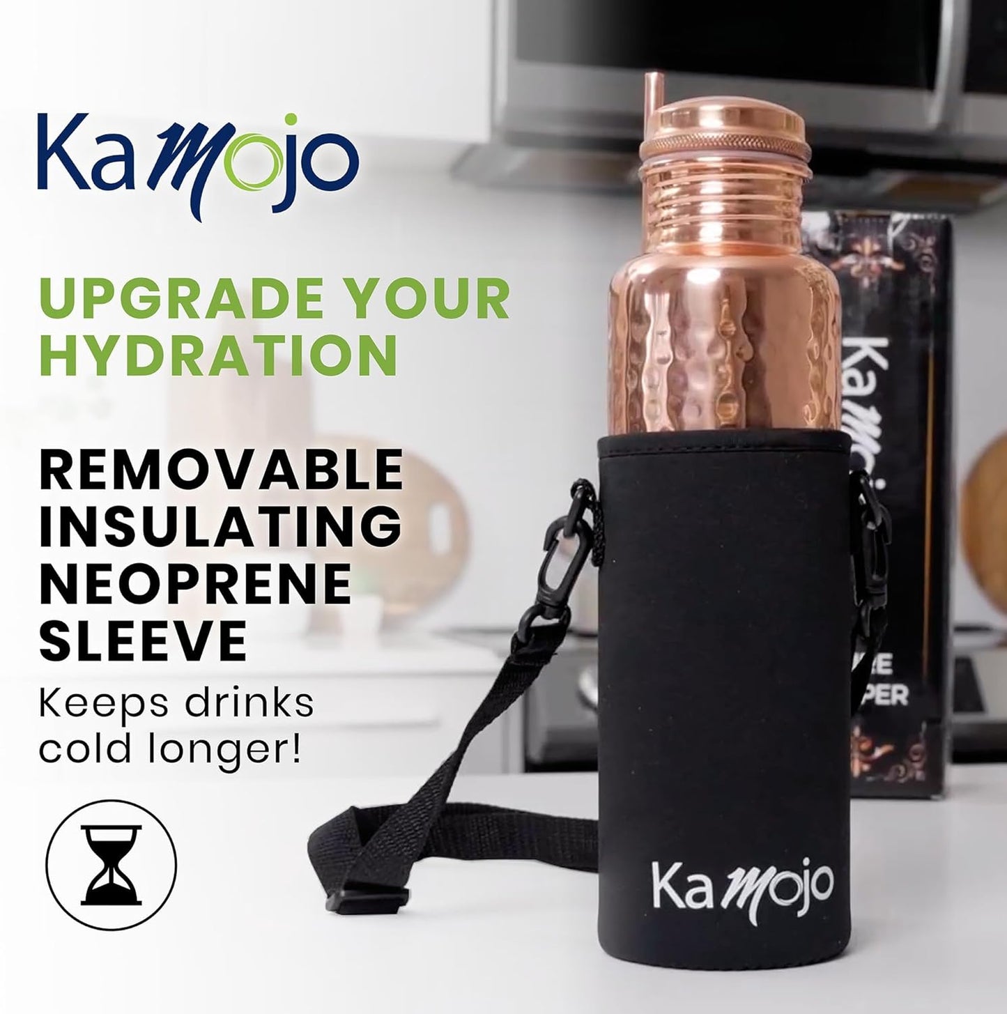 Copper Water Bottle for Drinking - Hammered 100% Pure Copper Tumbler Cup with Leak Proof Lid, Removable Insulating Sleeve & Straw - Handcrafted Ayurvedic Cup for Water 32 fl oz