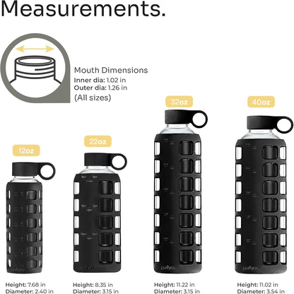 purifyou 40oz / 32oz / 22oz / 12oz Borosilicate Glass Water Bottle with Time & Volume Markers, Silicone Sleeve, Stainless Steel Lid | Reusable Glass Bottle for Water & Juice (40oz Jet Black)