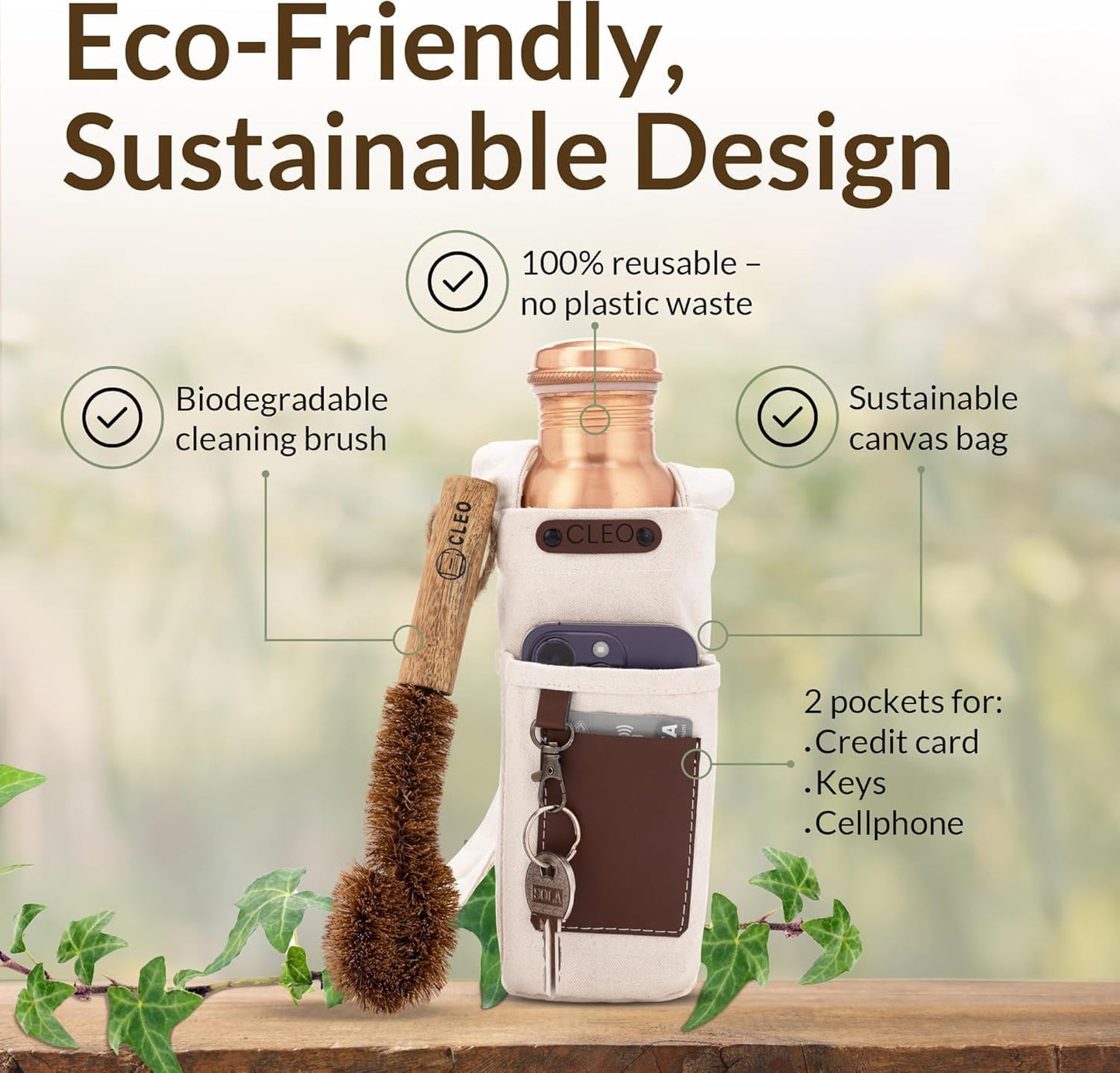 CLEO HOME 100% Pure Copper Water Bottle for Drinking, 32 Oz Hammered Ayurvedic Copper Bottle for Drinking Water | Leak-Proof & Eco-Friendly | For Yoga, Office, Travel with Canvas Carry Bag & Brush