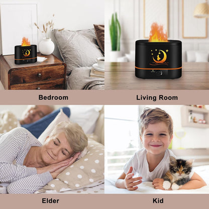 Flame Aroma Diffuser,Humidifier And Air Purifier In 1,Simulated Flame Night Light,Add Water To The Top,Power Off When There Is No Water,Silent Humidification for Baby Home Office,Black,A Moon