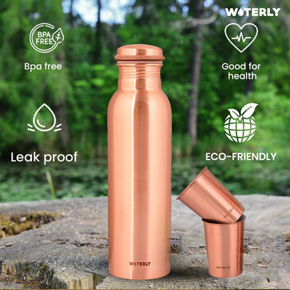 Plain Copper Water Bottle (34 Oz /1000ml) With Set Of 2 Tumbler (10 Oz/300ml Each) | Best use for Office,Gym & gifts |100% Pure Copper Material with Leak proof Quality