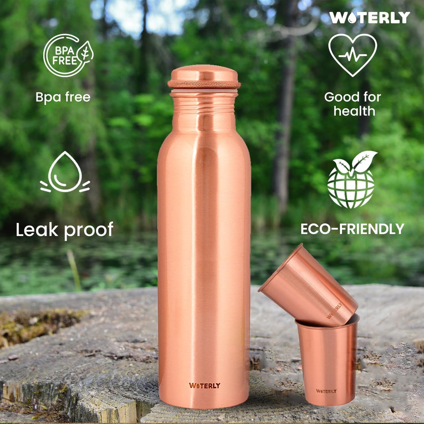 Plain Copper Water Bottle (34 Oz /1000ml) With Set Of 2 Tumbler (10 Oz/300ml Each) | Best use for Office,Gym & gifts |100% Pure Copper Material with Leak proof Quality