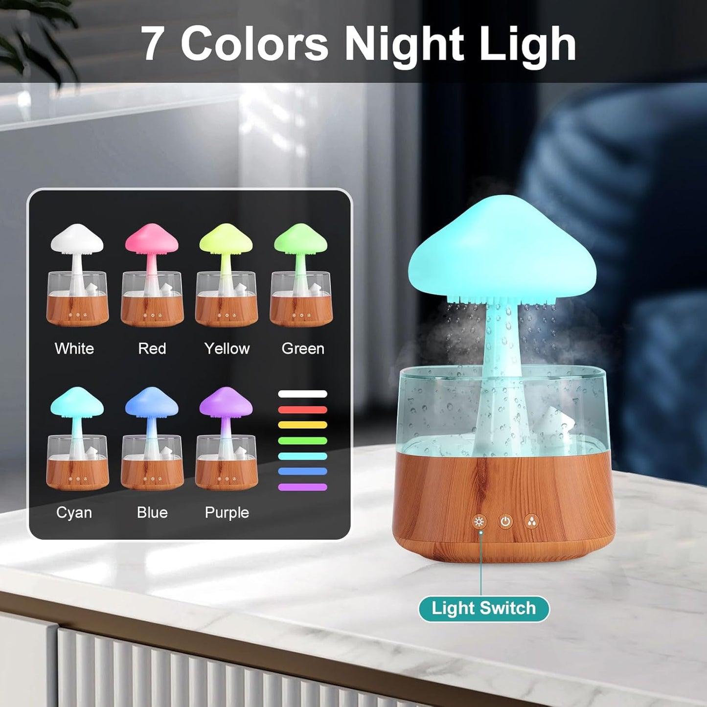 Cloud Humidifier Diffuser,Essential Oil Diffuser with Water Drip, 7 Colors Night Light Mushroom Diffuser for Bedroom, Desktop Aromatherapy Diffuser for Large Room Sleeping Office (Wood)