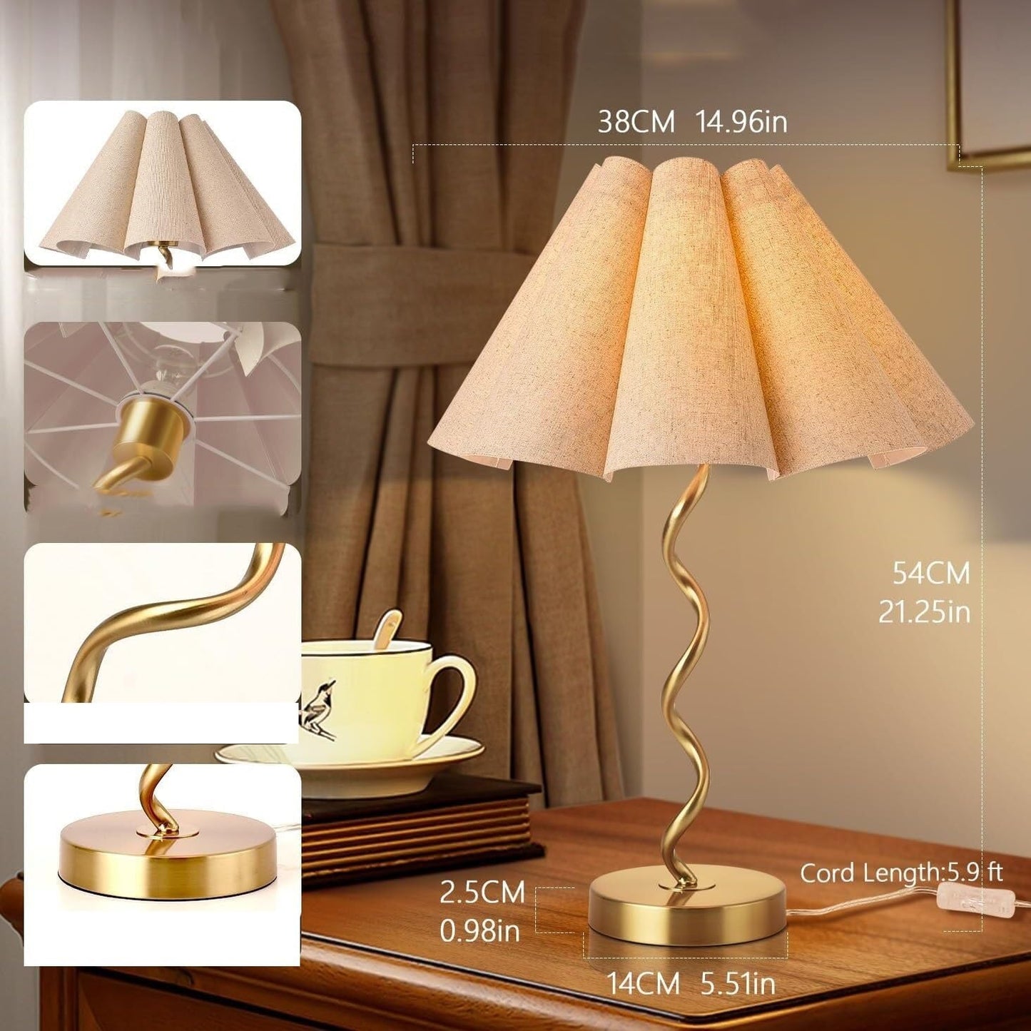 21.25" Modern Gold Table Lamp with Fan Pleats for Decoration, Bedside, Bedroom, Living Room, Kitchen Suitable for bedrooms, Living Rooms, Offices, Book