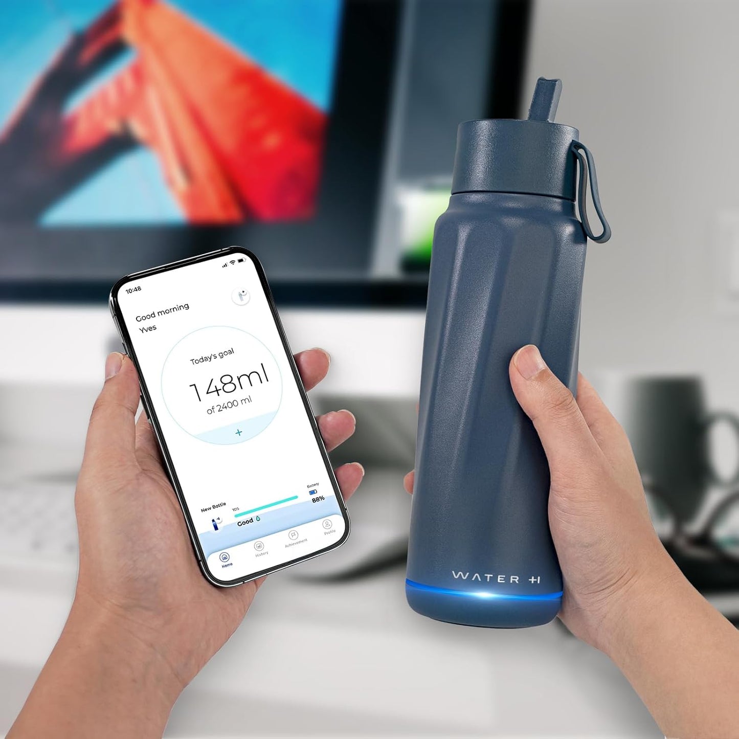 WATERH Vita Smart Water Bottle with Reminder to Drink Water, BPA-Free Vacuum Insulated Water Bottles with Straw, Bluetooth Intake Water Tracking Bottle, Ideal for Gift (18 oz)