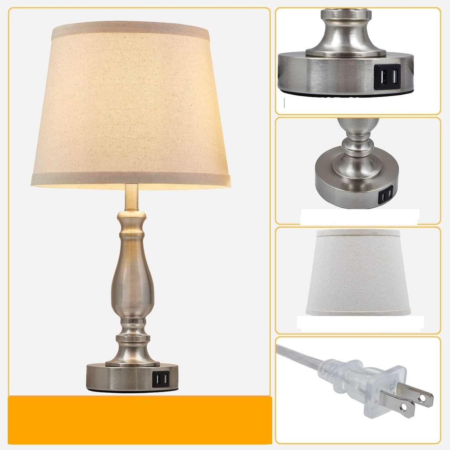 19-inch Touch Table Lamp 2-Piece Set With USB Port, 3-Way Dimmable, Linen Shade For Living Room Reading suitable for bedrooms, living rooms, offices, book(Light oat color Shade and Black Base)