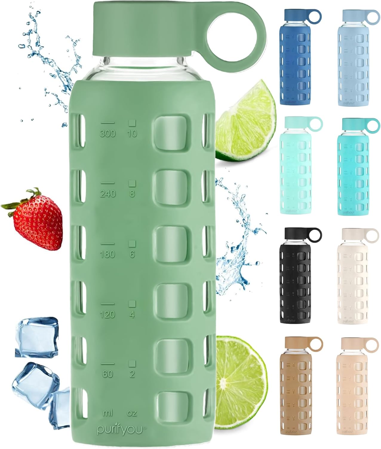 purifyou 40oz / 32oz / 22oz / 12oz Borosilicate Glass Water Bottle with Time & Volume Markers, Silicone Sleeve, Stainless Steel Lid | Reusable Glass Bottle for Water & Juice (40oz Jet Black)