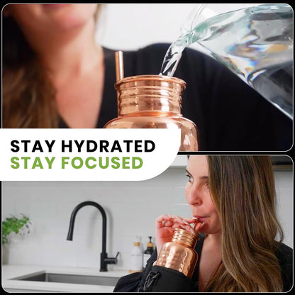 Copper Water Bottle for Drinking - Hammered 100% Pure Copper Tumbler with Leak Proof Lid, Removable Insulating Sleeve & Straw - Handcrafted Ayurvedic Cup for Water 32 fl oz