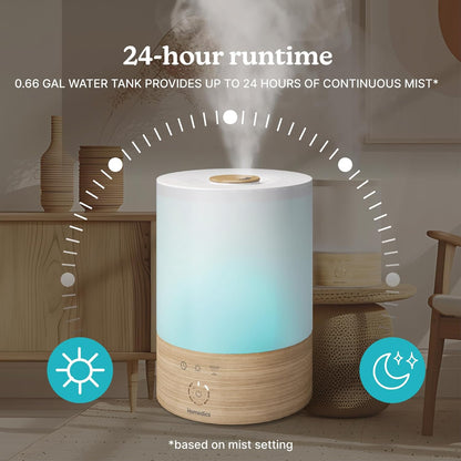Homedics Cool Mist Ultrasonic Humidifier, 8-Colors Night Light, 0.66 Gal Top-Fill Tank, 24Hr Runtime, 3 Mist Settings, 360° Mist for 329 sq ft Rooms, Aromatherapy, Clean Tank Tech, Auto Shutoff