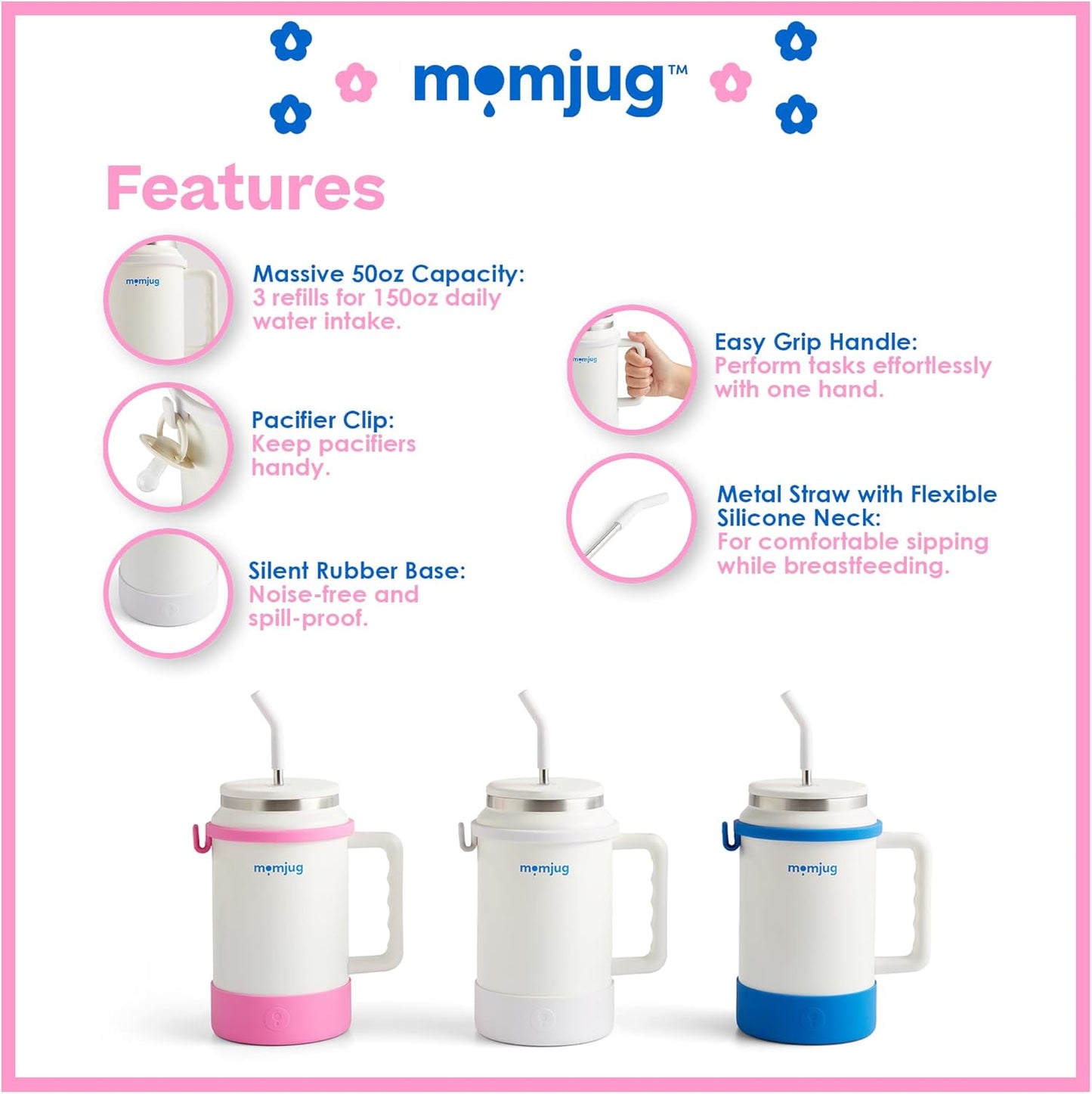 Hydration Water Bottle for Moms 50oz (Without Indicator, White)