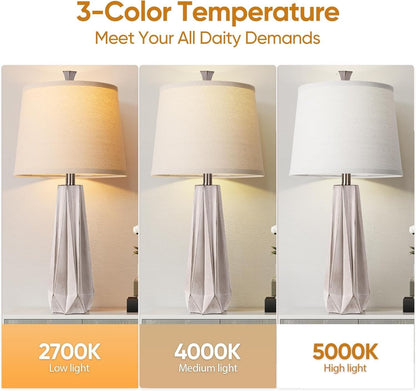 3 Color Temperature Table Lamp, Linen Shade, Living Room Nightstand Bedroom Decor, Bulb Included, Light Wood Grain 2-Pack Suitable for Living Room, Dormitory, Office,