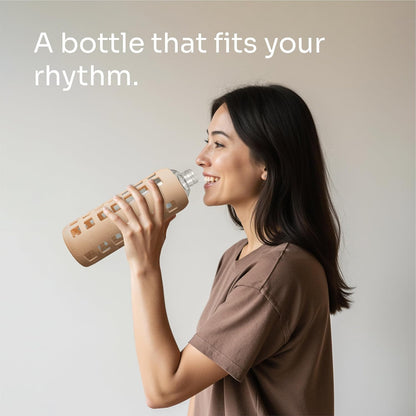 purifyou 40oz / 32oz / 22oz / 12oz Borosilicate Glass Water Bottle with Time & Volume Markers, Silicone Sleeve, Stainless Steel Lid | Reusable Glass Bottle for Water & Juice (40oz Jet Black)