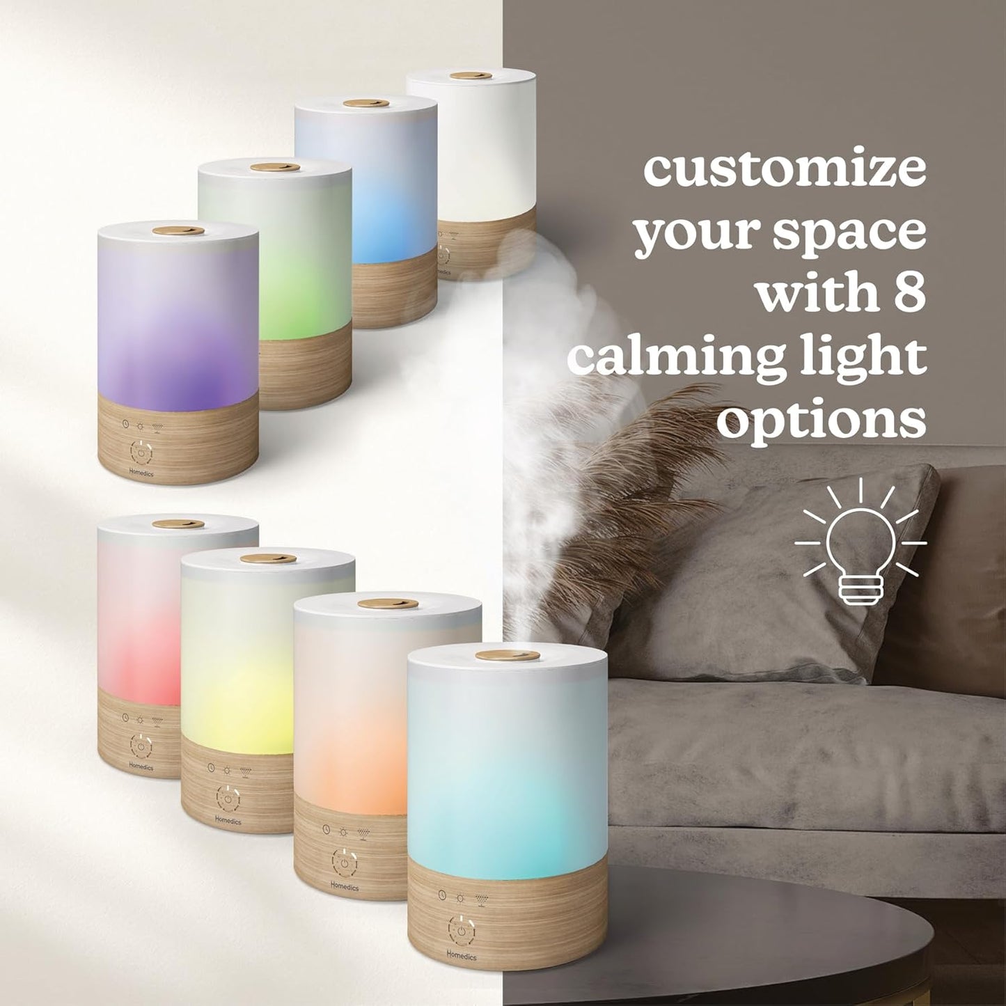 Homedics Cool Mist Ultrasonic Humidifier, 8-Colors Night Light, 0.66 Gal Top-Fill Tank, 24Hr Runtime, 3 Mist Settings, 360° Mist for 329 sq ft Rooms, Aromatherapy, Clean Tank Tech, Auto Shutoff