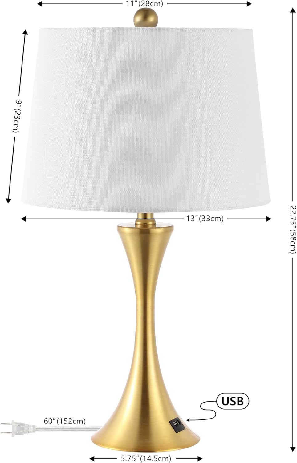 JONATHAN Y JYL6621A-SET2 Bennett 22.75" Modern Glam Iron Hourglass LED Table Lamp with USB Charging Port Minimalist, Designer, Contemporary, Office, Living Room, Dining Room, Bedroom, Brass Gold
