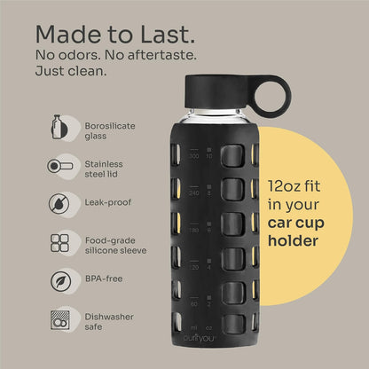 purifyou 40oz / 32oz / 22oz / 12oz Borosilicate Glass Water Bottle with Time & Volume Markers, Silicone Sleeve, Stainless Steel Lid | Reusable Glass Bottle for Water & Juice (40oz Jet Black)