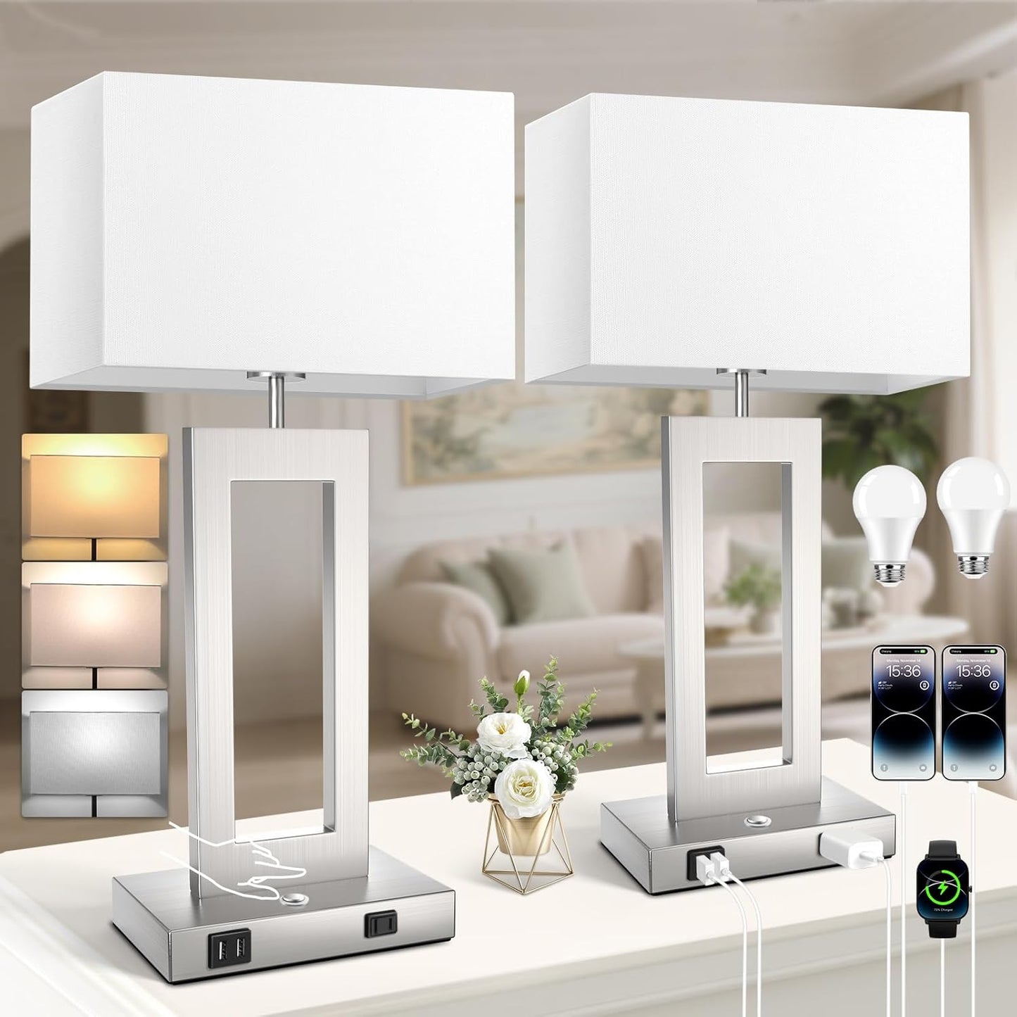 27.2’’ Tall Black Table Lamps for Living Room Bedroom, Bedside Touch Control Lamps with 2 USB Ports&AC Outlet, 3 Way Dimmable&Stepless Dimming Desk Lamp Sets for Home Office, Pre-assembled White Shade