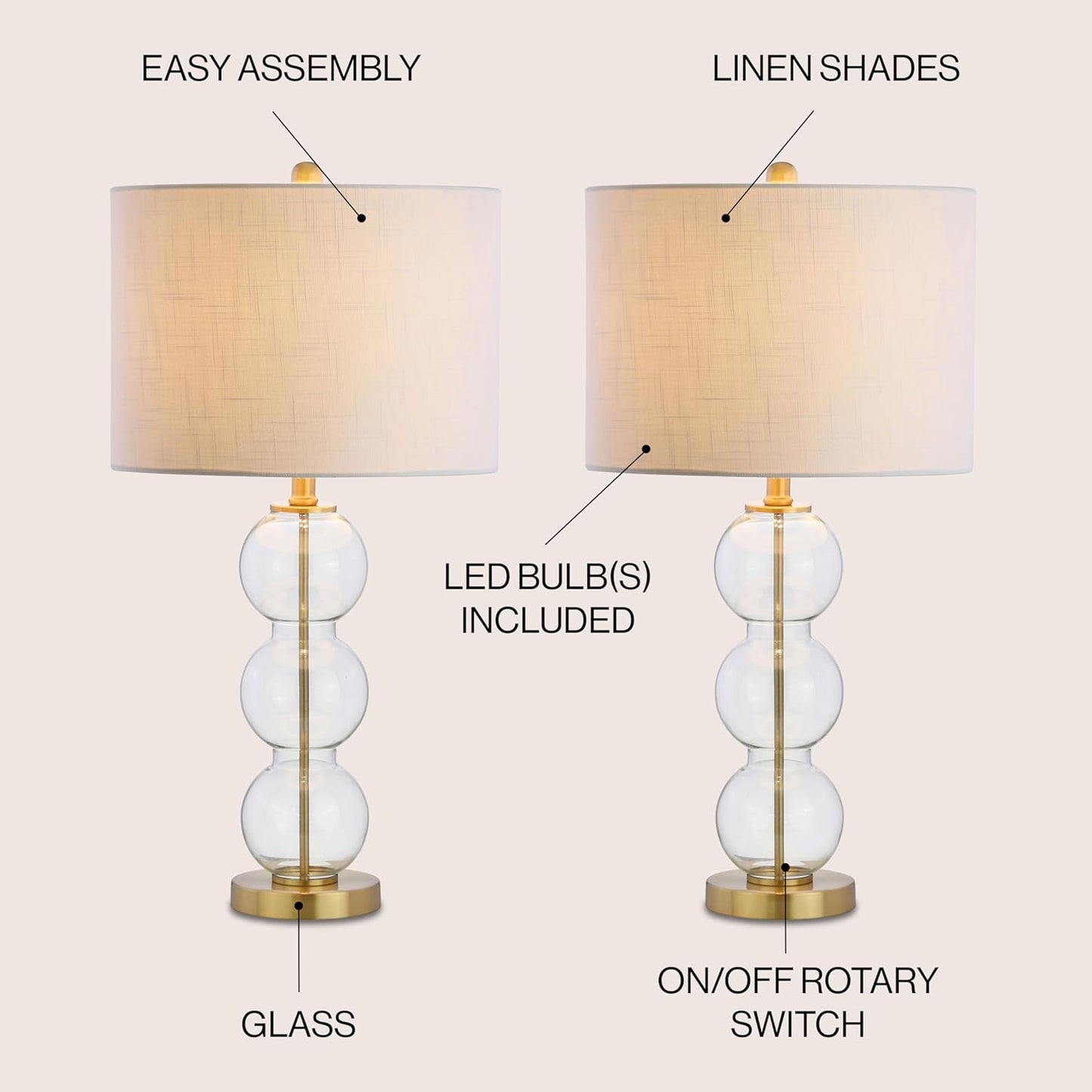 JONATHAN Y JYL1070A-SET2 Set of 2 Table Lamps Bella 27" Glass Triple-Sphere LED Table Lamp Contemporary Bedside Desk Nightstand Lamp for Bedroom Living Room Office College Bookcase, Clear/Brass
