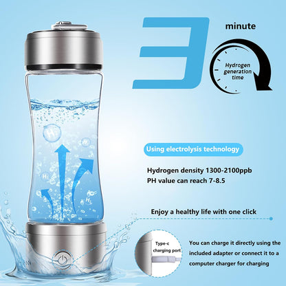 Portable Hydrogen Water Bottle Generator – 380ml Rechargeable PEM Molecular Hydrogen Water Machine | Smart Glass Hydrogen Water Bottle for Travel, Fitness & Daily Hydration