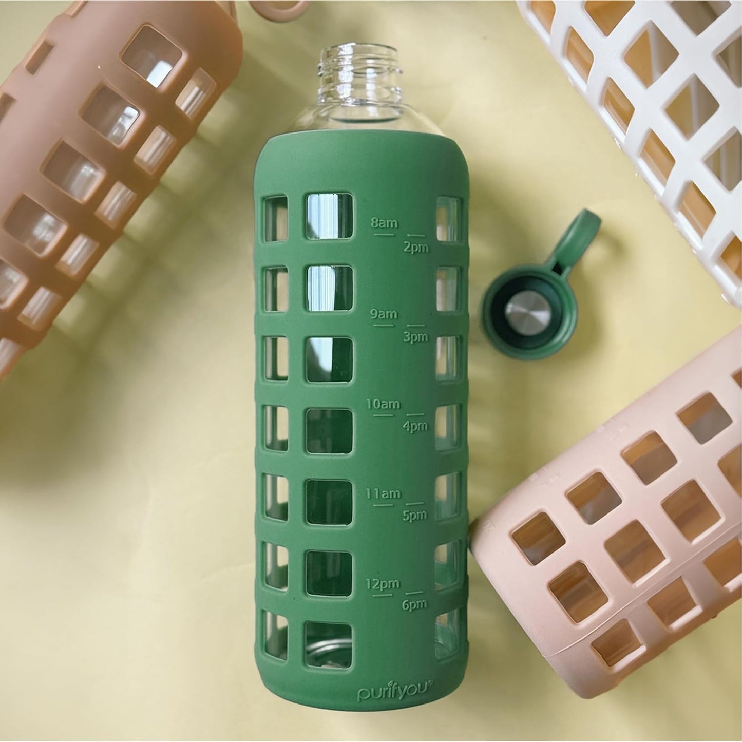 purifyou 40oz / 32oz / 22oz / 12oz Borosilicate Glass Water Bottle with Time & Volume Markers, Silicone Sleeve, Stainless Steel Lid | Reusable Glass Bottle for Water & Juice (40oz Jet Black)