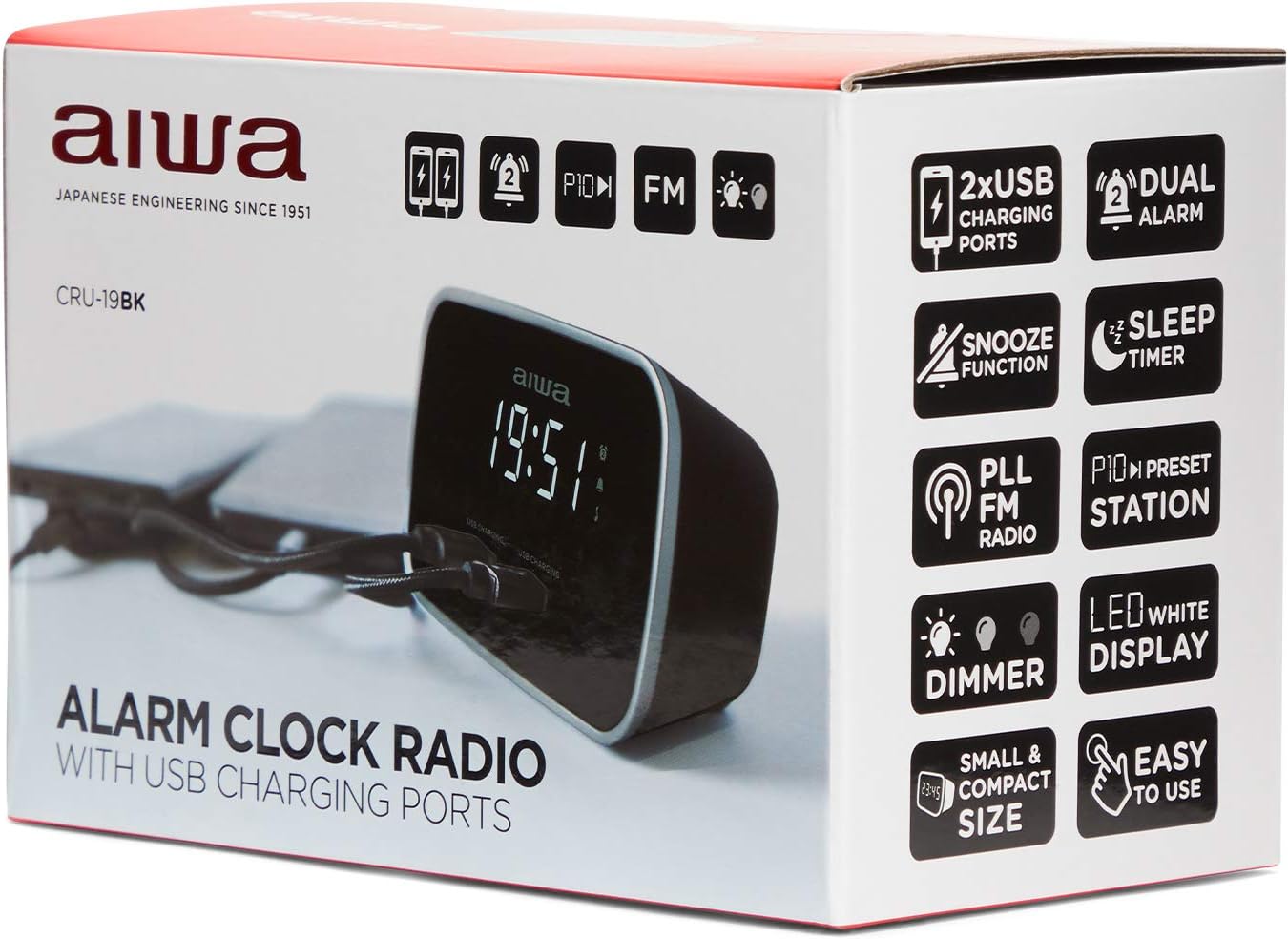 AIWA CRU-19BK: Black Digital Dual USB Charging Alarm Clock Radio for Smartphones and Tablets Charging