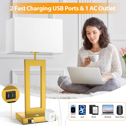 27.2’’ Tall Black Table Lamps for Living Room Bedroom, Bedside Touch Control Lamps with 2 USB Ports&AC Outlet, 3 Way Dimmable&Stepless Dimming Desk Lamp Sets for Home Office, Pre-assembled White Shade