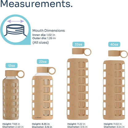 purifyou 40oz / 32oz / 22oz / 12oz Borosilicate Glass Water Bottle with Time & Volume Markers, Silicone Sleeve, Stainless Steel Lid | Reusable Glass Bottle for Water & Juice (40oz Jet Black)