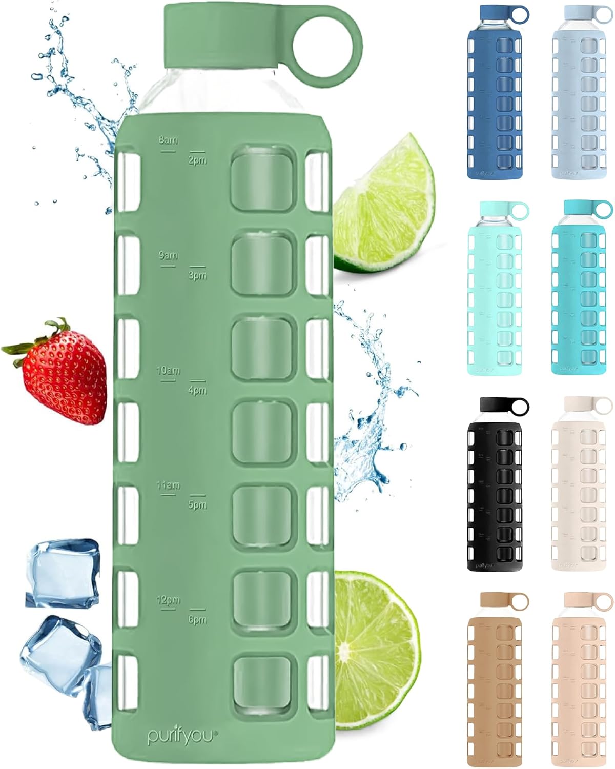 purifyou 40oz / 32oz / 22oz / 12oz Borosilicate Glass Water Bottle with Time & Volume Markers, Silicone Sleeve, Stainless Steel Lid | Reusable Glass Bottle for Water & Juice (40oz Jet Black)