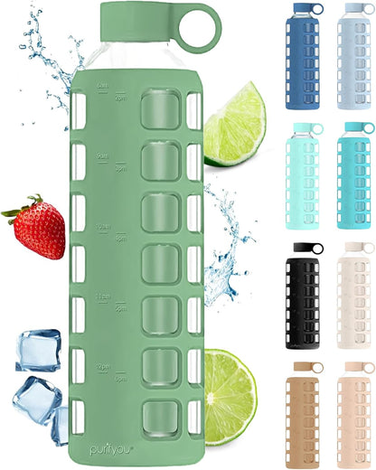 purifyou 40oz / 32oz / 22oz / 12oz Borosilicate Glass Water Bottle with Time & Volume Markers, Silicone Sleeve, Stainless Steel Lid | Reusable Glass Bottle for Water & Juice (40oz Jet Black)