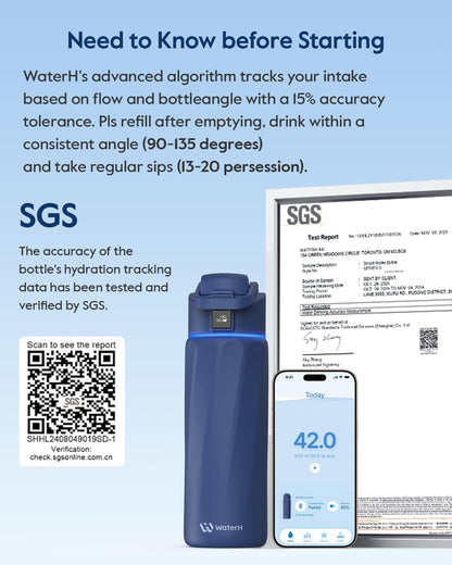 WATERH Boost Smart Water Bottle with Reminder to Drink Water, 24oz BPA-Free Stainless Steel Vacuum Insulated Water Bottle, Wide Mouth Water Tracker Bottle with APP, Ideal for Gift