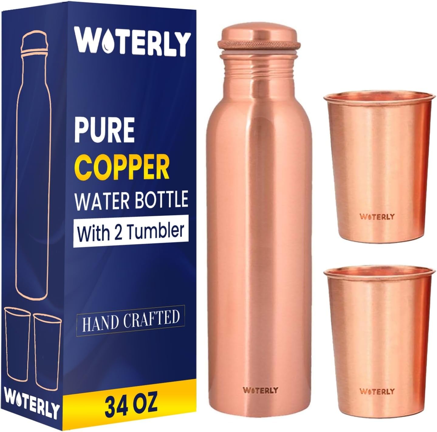 Plain Copper Water Bottle (34 Oz /1000ml) With Set Of 2 Tumbler (10 Oz/300ml Each) | Best use for Office,Gym & gifts |100% Pure Copper Material with Leak proof Quality