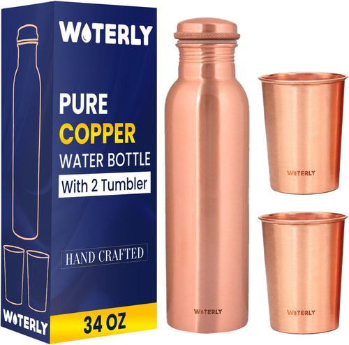 Plain Copper Water Bottle (34 Oz /1000ml) With Set Of 2 Tumbler (10 Oz/300ml Each) | Best use for Office,Gym & gifts |100% Pure Copper Material with Leak proof Quality