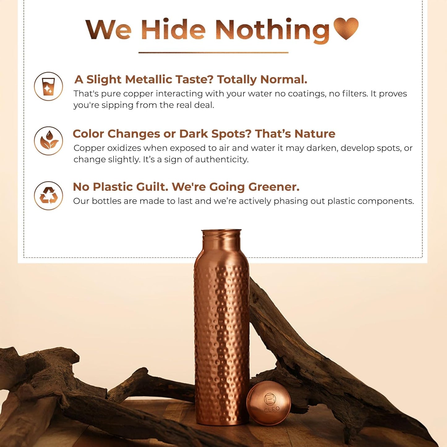 CLEO HOME 100% Pure Copper Water Bottle for Drinking, 32 Oz Hammered Ayurvedic Copper Bottle for Drinking Water | Leak-Proof & Eco-Friendly | For Yoga, Office, Travel with Canvas Carry Bag & Brush