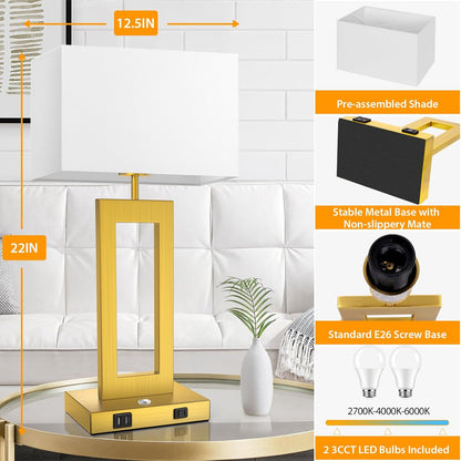 27.2’’ Tall Black Table Lamps for Living Room Bedroom, Bedside Touch Control Lamps with 2 USB Ports&AC Outlet, 3 Way Dimmable&Stepless Dimming Desk Lamp Sets for Home Office, Pre-assembled White Shade