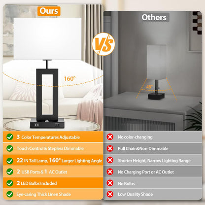 27.2’’ Tall Black Table Lamps for Living Room Bedroom, Bedside Touch Control Lamps with 2 USB Ports&AC Outlet, 3 Way Dimmable&Stepless Dimming Desk Lamp Sets for Home Office, Pre-assembled White Shade