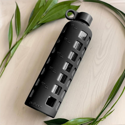 purifyou 40oz / 32oz / 22oz / 12oz Borosilicate Glass Water Bottle with Time & Volume Markers, Silicone Sleeve, Stainless Steel Lid | Reusable Glass Bottle for Water & Juice (40oz Jet Black)