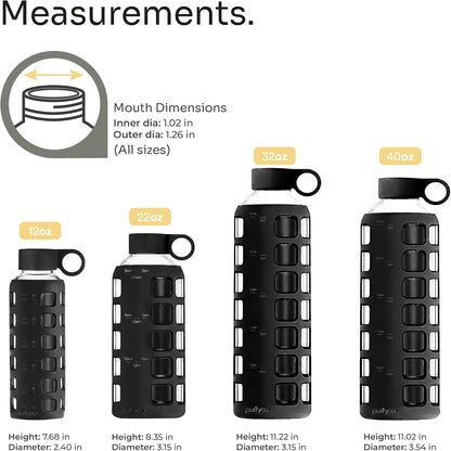 purifyou 40oz / 32oz / 22oz / 12oz Borosilicate Glass Water Bottle with Time & Volume Markers, Silicone Sleeve, Stainless Steel Lid | Reusable Glass Bottle for Water & Juice (40oz Jet Black)