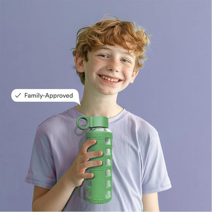 purifyou 40oz / 32oz / 22oz / 12oz Borosilicate Glass Water Bottle with Time & Volume Markers, Silicone Sleeve, Stainless Steel Lid | Reusable Glass Bottle for Water & Juice (40oz Jet Black)