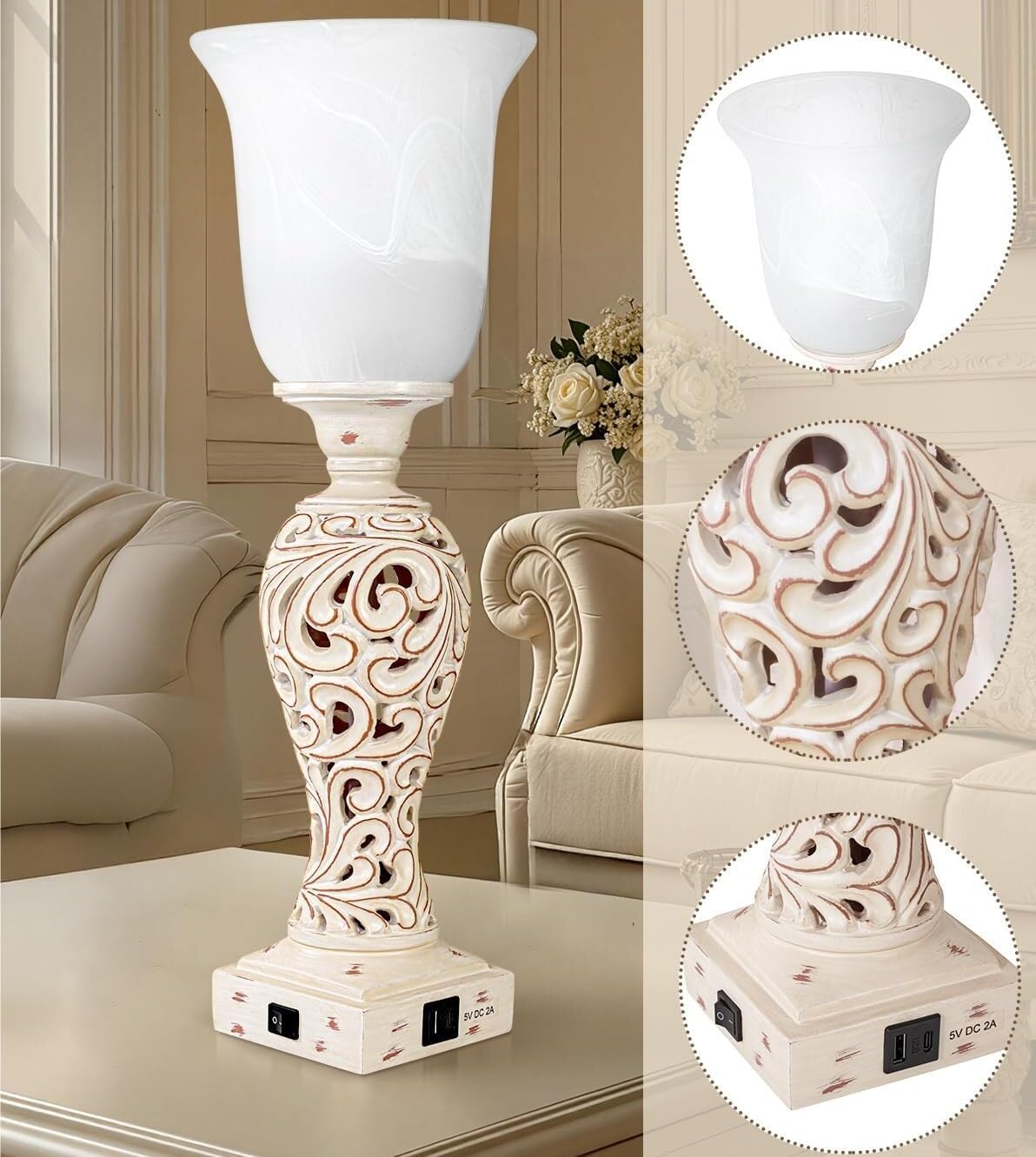 20" Vintage Table Lamp with 2 USB Charging Ports, Glass Shade Table Lamp, Dimmable, for Living Room Bedside Suitable for bedrooms, Living Rooms, Offices, Book