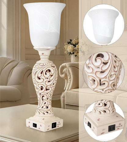 20" Vintage Table Lamp with 2 USB Charging Ports, Glass Shade Table Lamp, Dimmable, for Living Room Bedside Suitable for bedrooms, Living Rooms, Offices, Book