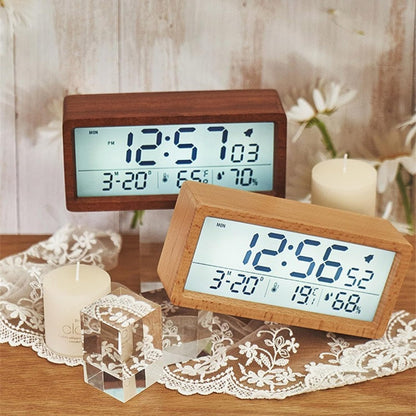 Wooden Alarm Clock, Battery Operated LCD Digital Clock with Smart Sensor Night Light and Snooze Function, Suitable for Bedroom, Bedside, Desk (Color : B)
