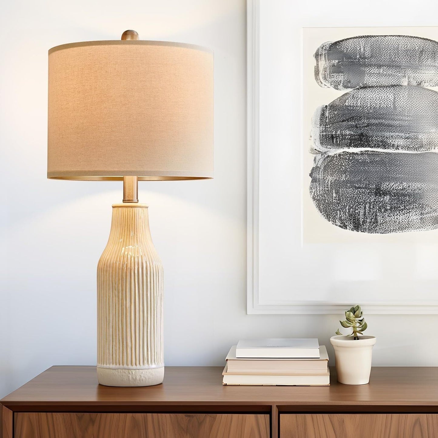 23.75 Inch Modern Ceramic Table Lamp 2 Pack for Living Room, Nightstand, Bedroom Lighting, Gift Suitable for bedrooms, Living Rooms, Offices, Book(Beige)