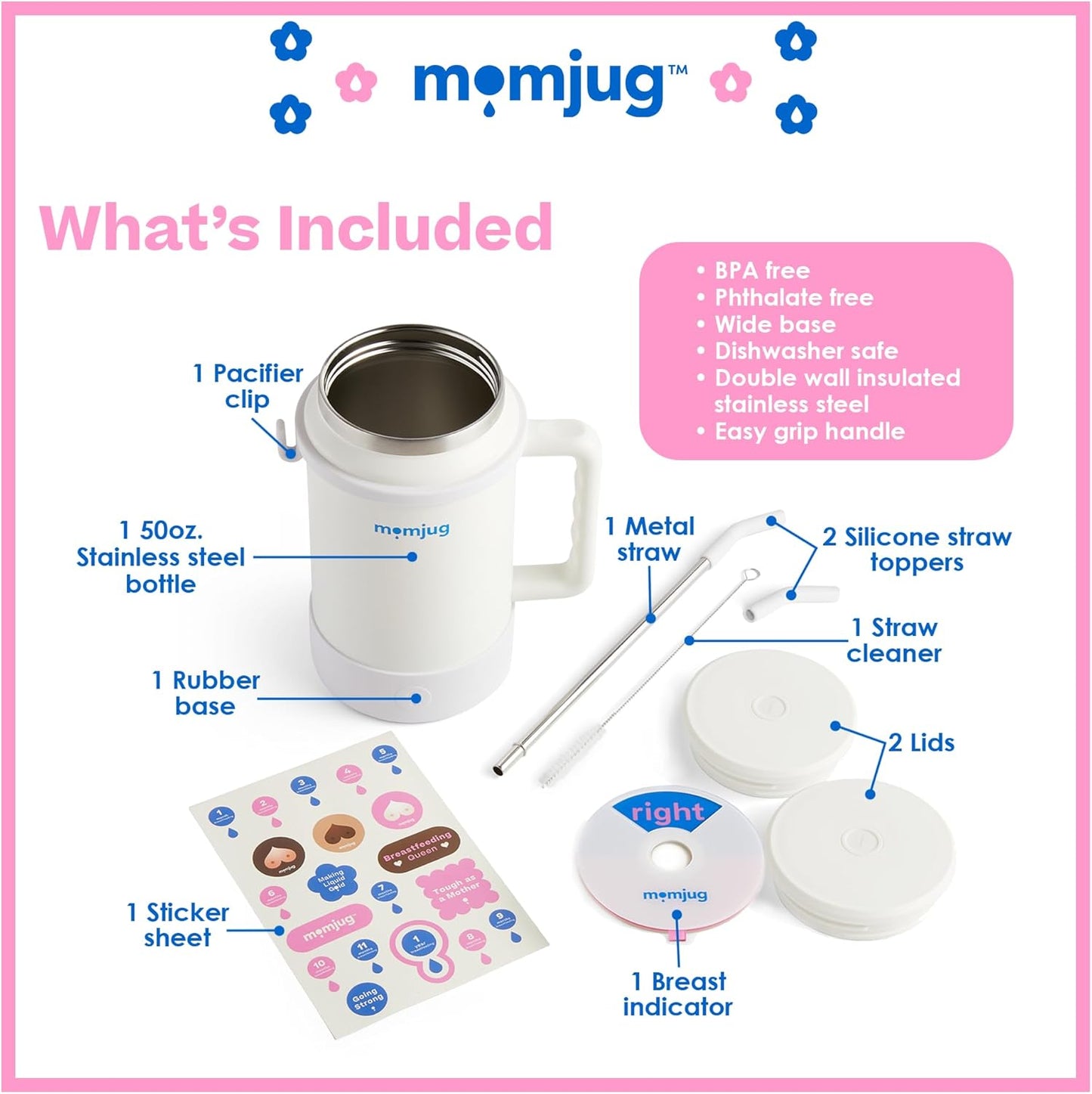 Hydration Water Bottle for Moms 50oz (Without Indicator, White)