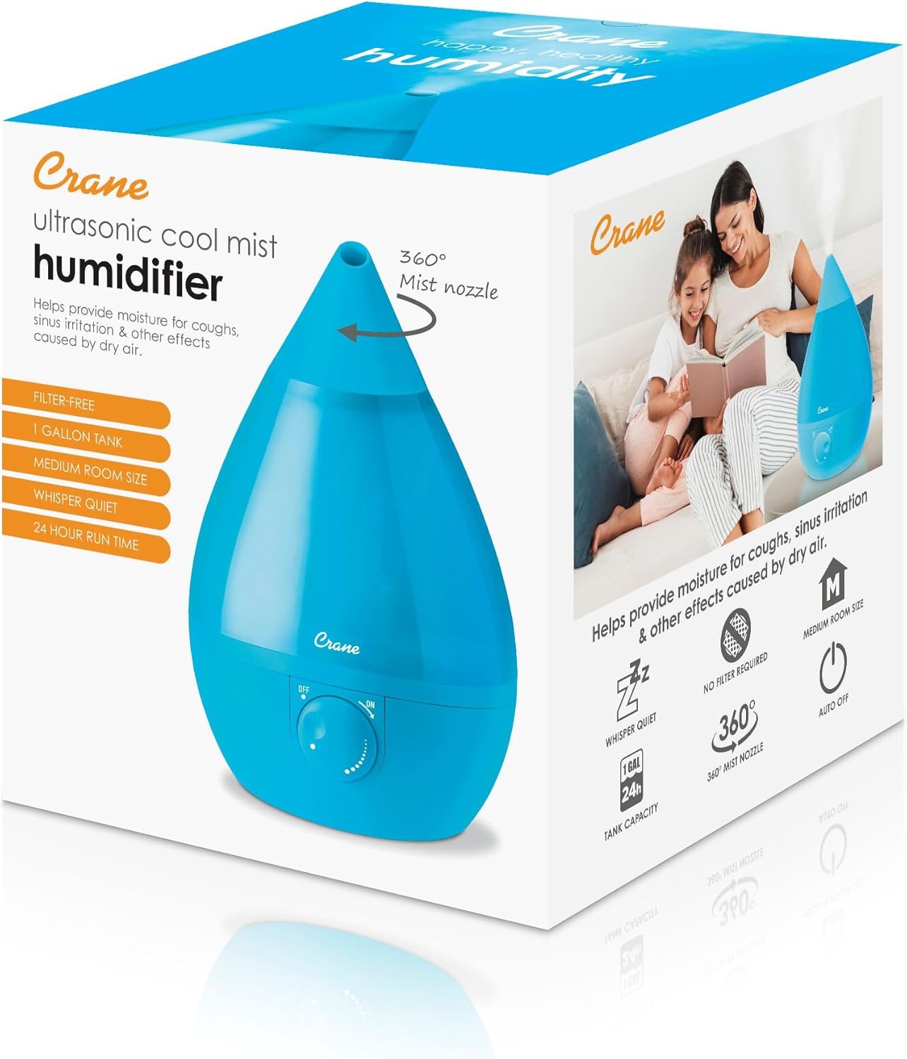 Crane Ultrasonic Cool Mist Humidifier for Bedroom, Baby Nursery, Kids Room, Plants, or Office, Large 1 Gallon Tank, Filter Optional, Orange