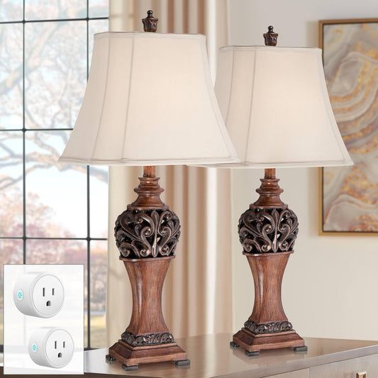Regency Hill Exeter 30" Tall Large Traditional End Table Lamps Set of 2 WiFi Smart Socket Wood-Tone Finish Living Room Bedroom Bedside Nightstand House Office Home Reading Cream Shade