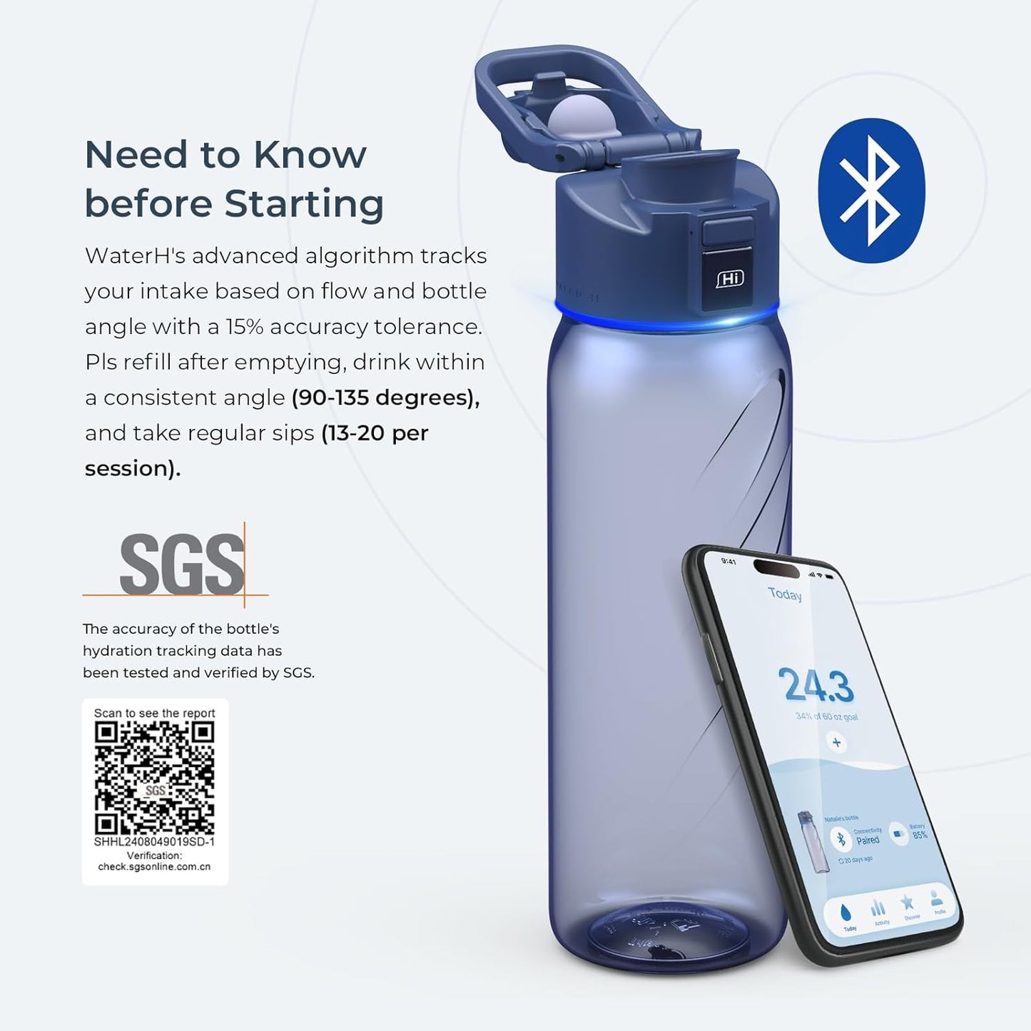 BOOST LITE Smart Water Bottle with Reminder to Drink Water, Motivate & Tracking Hydration Water Bottle with App, 32 oz Tritan BPA-Free Plastic Water Bottles for Gym, School, Office - Blue