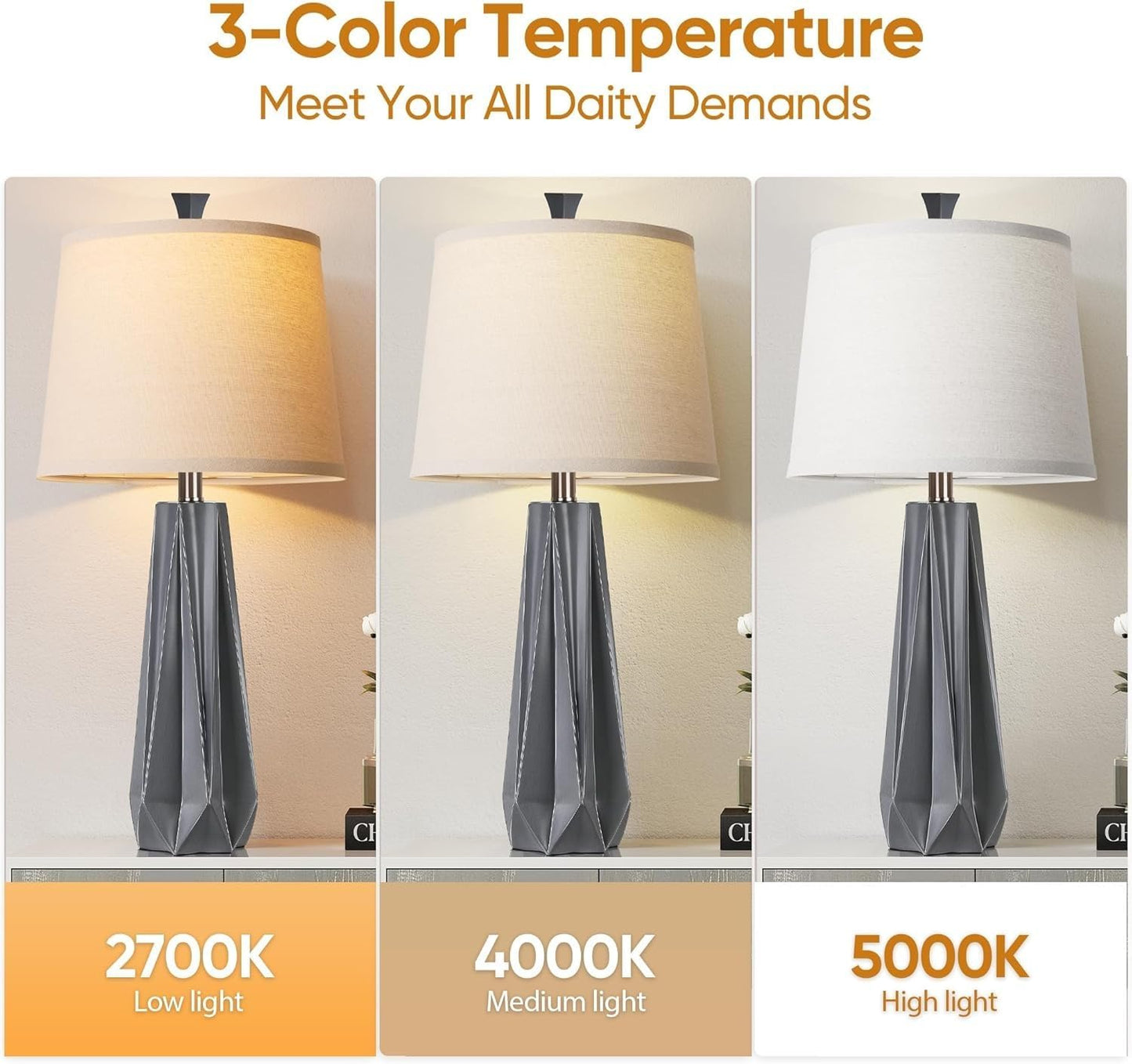 28" 3 Color Temperature Table Lamp, Linen Shade, Living Room Nightstand Bedroom Decor, Bulb Included, Gray 2-Pack Suitable for Living Room, Dormitory, Office,