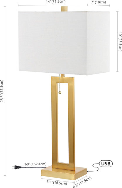 JONATHAN Y JYL1126A-SET2 Sabrina 28.5" Vintage Industrial Iron LED Table Lamp with Pull-Chain and USB Charging Port Mid-Century, Minimalist Bedside Desk Nightstand Lamp, Brass Gold (Set of 2)