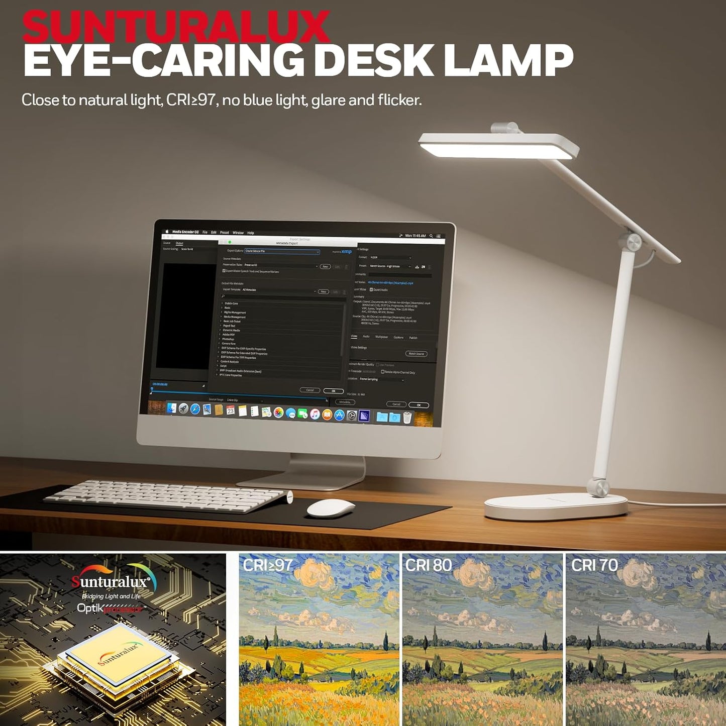 Honeywell Desk Lamp for Home Office, H9 Sunturalux™ Eye-Caring LED Desk Light, 1000LM Dimmable Desk Lamp with Timer and Auto-Sensing, Adjustable Desk Reading Light or Study, Cumputer, Architect